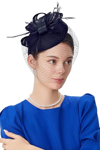 BABEYOND Fascinators Hats for Women Pillbox Veil Tea Party Derby Headband - color: Dark Blue