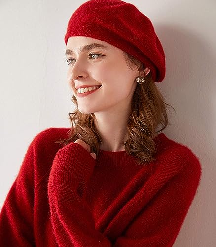 Cashmere Berets Beanie Hats Women Winter Warm Merino Wool Fashion Knit Cap - color: Red