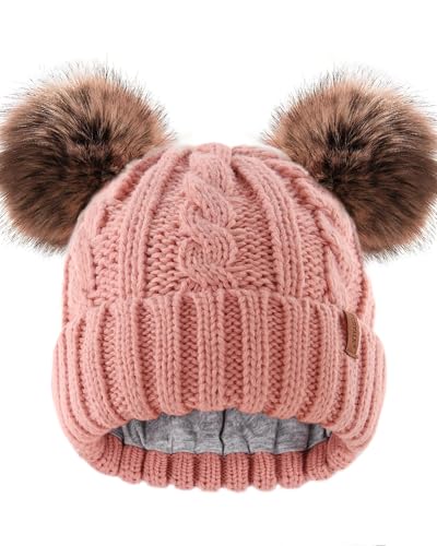 FURTALK Toddler Winter Hat Knit Beanie Double Faux Fur Pompoms Girls Boys - color: Pink, size: 6-24 Months