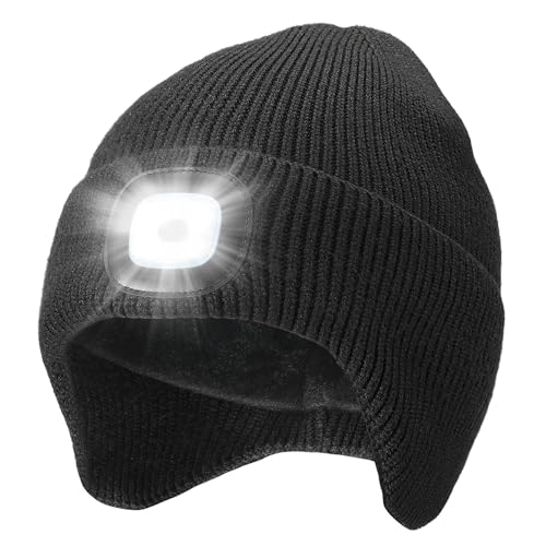 CENSGO Fleece Lined Beanie with a Light Built in, Warm Lighted Stocking Hat with Ear Flaps - color: Black