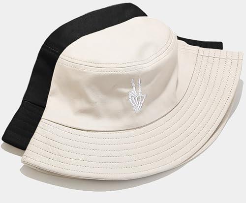 XYIYI 2 Pack Unisex Bucket Hat for Women Men Summer Beach Fishing Hat Sun Hat - color: Skull Black Beige