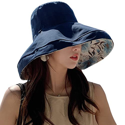 HUAMULAN Wide Brim Women Summer Sun Floppy Hat Reversible Beach Bucket Hat - color: M2320-navy