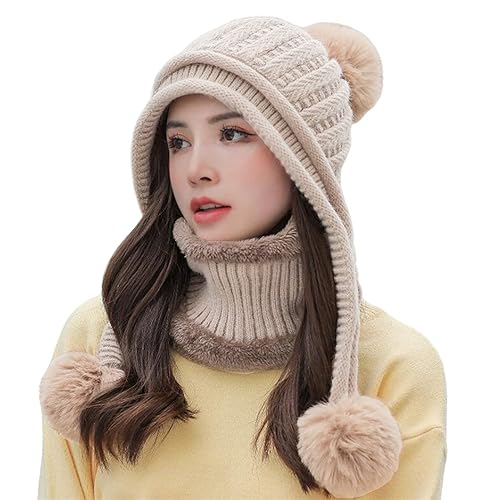 HUAMULAN Women Winter Knit Beanie Hat Circle Scarf Set Pompoms Ear Flaps - color: Khaki Solid