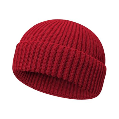 Wool Fisherman Beanies for Men Women Short Cuff Knit Beanie - color: Red