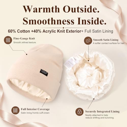 Satin Lined Winter Beanie Hats for Women Men Cotton Knitted Cuffed Knit Hat - color: Beige