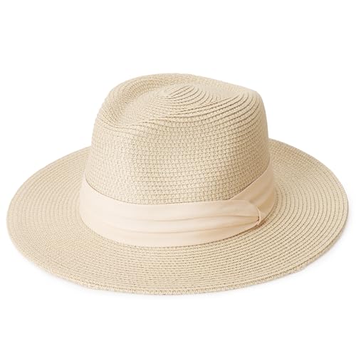 DRESHOW Women Straw Panama Hat Travel Fedora Beach Sun Hat Summer Wide Brim Straw Roll up Hat UPF 50+ - color: Panama Straw Hat: Beige (Beige Ribbon)