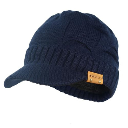 Winter Beanie with Visor - Stylish Knit Hat with Bill - Thick Brimmed Beanies with Fleece Lining Men and Women - color: B327-blue