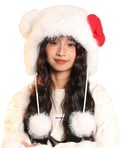 Winter Cute Faux Fur Trapper Hat for Women Cartoon Animal Ear Sherpa Beanie Hat Furry Cover with Pom Earflap Gifts - color: White