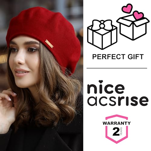 Beret - Warm Lined Wool Angora Knit Berets - French Paris Hat for Women - color: Red