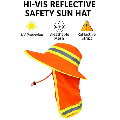 Men High Visibility Reflective Work Safety Sun Hat with Neck Flap Wide Brim Boonie UV Protection - color: 1pc Neon Orange