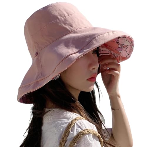 HUAMULAN Wide Brim Women Summer Sun Floppy Hat Reversible Beach Bucket Hat - color: M1744-pink