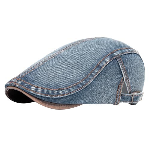 SEAUR Denim Newsboy Hats for Men Adjustable Flat Ivy Gatsby Cabbie Driving Beret Hat Breathable Cotton Golf Cap Unisex - color: Dark Blue