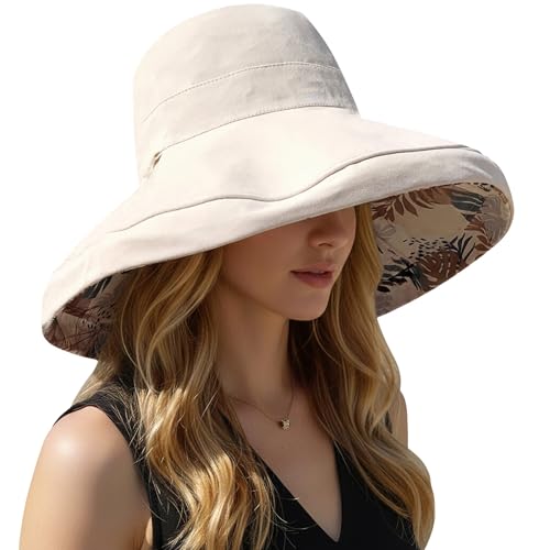 Women Wide Brim Sun Protection Hat Summer Fishing Hats - color: Beige and Leaf Print