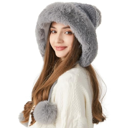 HUAMULAN Women Winter Sherpa Beanie Hats Knit Ear Flaps Fleece Lined - color: Grey