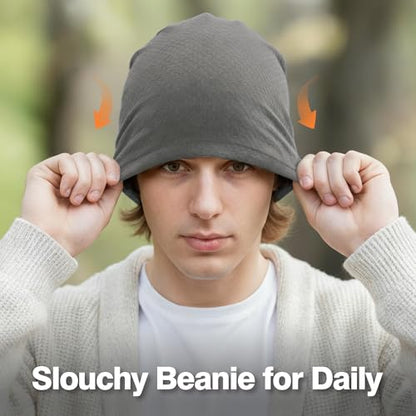 2 Pack Spring Slouchy Beanie for Men Women Lightweight Stacked Skull Cap Chemo Cap Night Sleeping Hat - color: Black+grey
