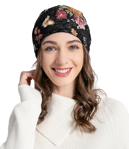ZLYC Women Lightweight Fleece Slouchy Beanie Warm Winter Hat Chemo Headwear - color: Flower and Butterfly Black