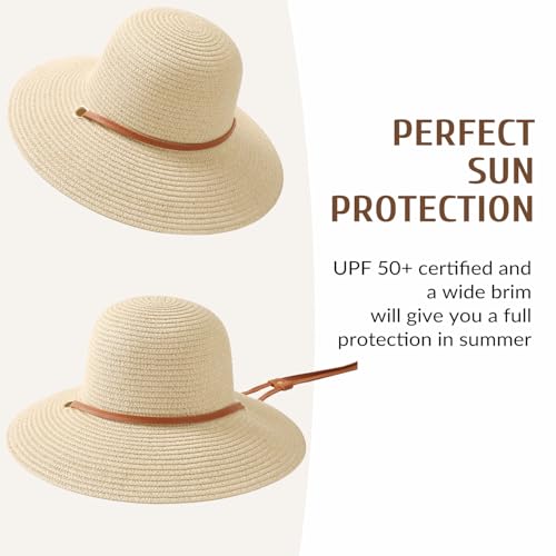 Beach Hat for Women, Wide Brim Sun Straw, UPF 50+ Foldable Floppy Sun Hat - color: B-10.5cm,beige