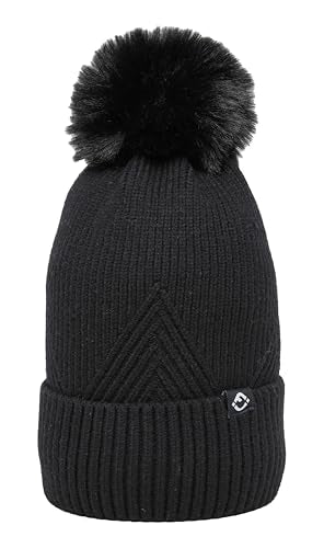 Funky Junque Basics Womens Pom Pom Beanie Winter Hats Cute Diagonal Pattern Fleece Lined Warm Stocking Caps Pompom Toboggan - color: Black