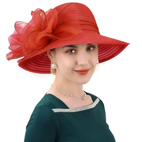DRESHOW Lady Derby Dress Church Bowler Cloche Hat Bowknot Organza Bridal Cap for Wedding - color: 1 Pc: Red