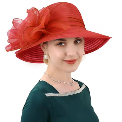 DRESHOW Lady Derby Dress Church Bowler Cloche Hat Bowknot Organza Bridal Cap for Wedding - color: 1 Pc: Red
