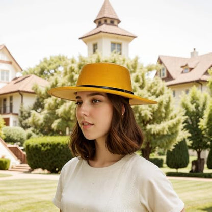 Fedora Hat for Men and Women, Wide Brim Flat Top Cap - color: Yellow