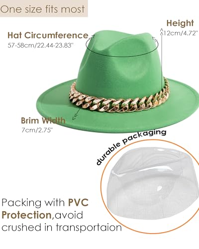 Men & Women Wide Brim Fedora Hat with Chain Buckle - color: Chain Belt-forest-green