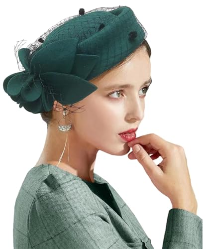 ORIDOOR Women's British Style Pillbox Church Derby Wedding Winter Vintage Fascinator Beret 100% Wool Felt Veil Hat - color: 02b-green