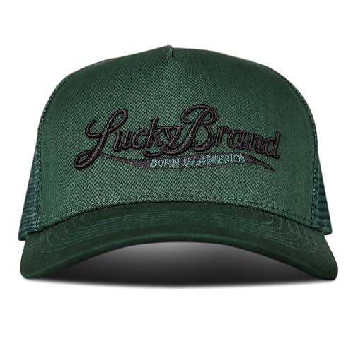 Lucky Brand Trucker Hat | Snapback | Adjustable | Mesh Back | Retro | Baseball Cap | Golf | Fishing | American Heritage - color: Born in America - Green