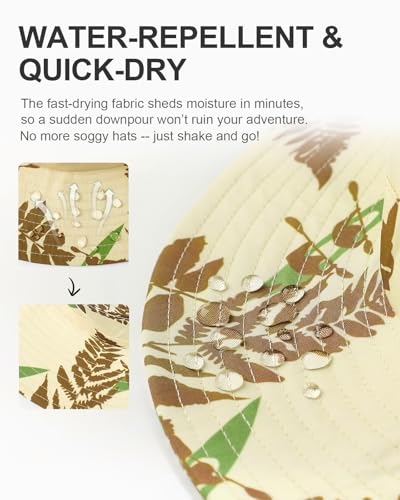 Printed Bucket Hat UPF 50+ Sun Hat, Women Men Roll-Up Brim Boonie Hat - color: Dark Khaki