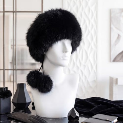 Twistover Women Fur Winter Russian Trapper Hat & Pompoms, Black Ushanka Hat
