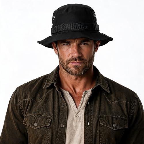 Tactical Boonie Hat Military Bucket Cap Camo Digital or Solid Wide Brim Sun Fishing Bush Booney Hunting Headwear - color: Black, size: 7