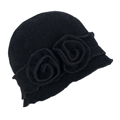Womens Gatsby 1920s Winter Wool Cap Beret Beanie Crochet Bucket Flower Hat A285 - color: Black