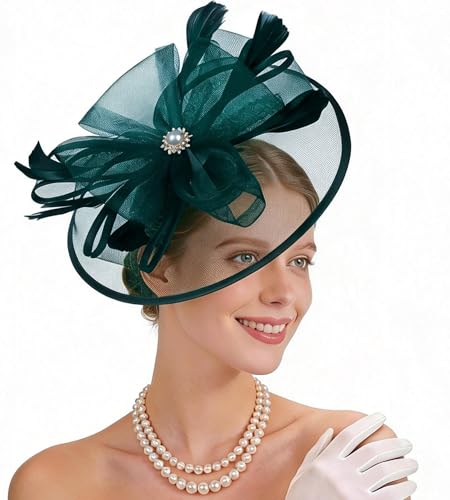 Zinniday Victoria Tea Party Hat - Vintage 1920s 50s Feather Mesh Kentucky Hat 2026 Derby Fascinator for Funeral Church Prom - color: Green