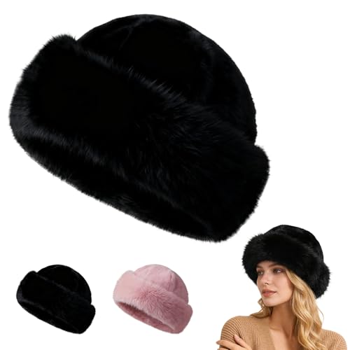 Womens Winter Faux Fur Bucket Hat,Warm Plush Fluffy Furry Mink Hats - color: Black