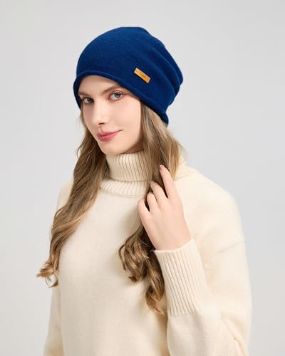 100% Merino Wool Slouchy Beanie Hat, Women Warm Winter Caps Soft, Ladies Breathable & Cozy Stretchy Knitted Skull Cap - color: Dark Blue