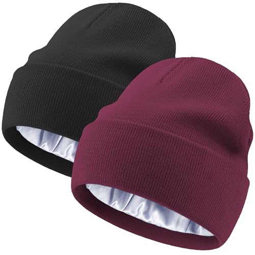 Satin Lined Knit Beanie Hat-100% Cotton Winter Hats for Women Men - color: 2pcs-black+wine Red
