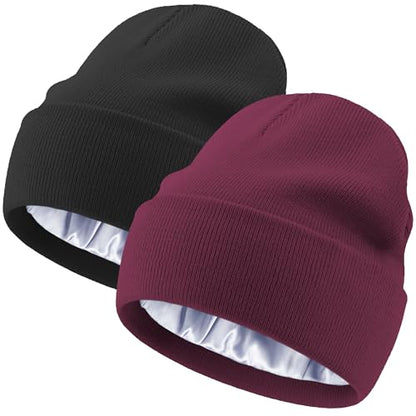 Satin Lined Knit Beanie Hat-100% Cotton Winter Hats for Women Men - color: 2pcs-black+wine Red
