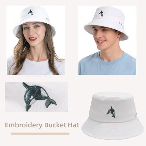 ZLYC Cotton Bucket Hat for Women Men Embroidered Packable Summer Sun Cap - color: Whale White