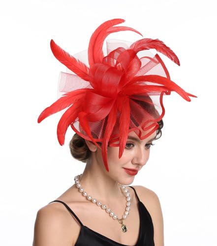 Women Fascinators Hats Flower Fascinators with Headband and Clip Tea Party Headwear for Women and Girls - color: N2-red
