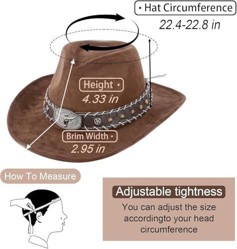 Cowboy Hat for Women and Men, Mens Western Cowboy Hats with Bull Head Womens Retro Vintage Jazz Hat Solid Color Cowgirl Hats (US, Alpha, Medium, Coffee 2)