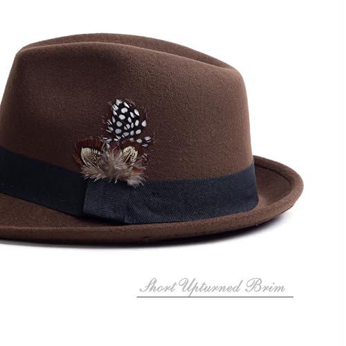 Short Brim Fedora Hat for Men Women Felt Trilby with Feather - color: Coffee