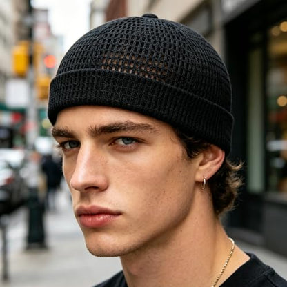Brimless Hats for Men Breathable Brimless Docker Hat Lightweight Mesh Skull Cap Beanie Hats - color: Black