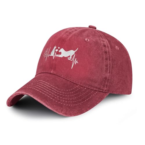 Women's Dog Love Cat Paw Heartbeat Baseball Cap for Men Women, Adjustable Vintage Distressed Washed Dad Hat - color: Red