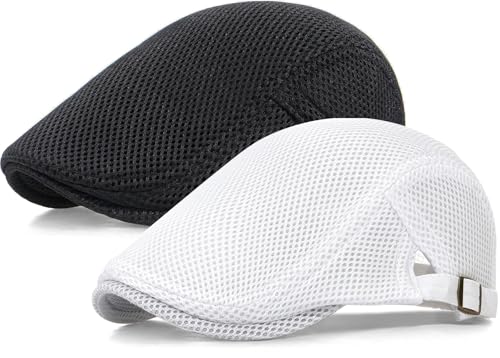 2 Pack Men's Mesh Cap Breathable Summer Newsboy Hat Adjustable Beret Ivy Cap Irish Cabbie Driving Hunting Hats - color: Black/White