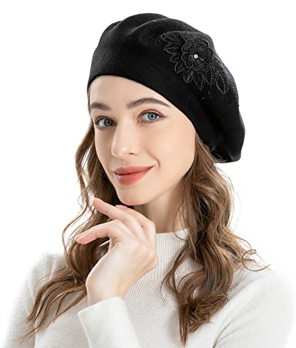 ZLYC Women French Beret Hat Reversible Solid Color Mosaic Warm Artist Cap - color: Flower Black