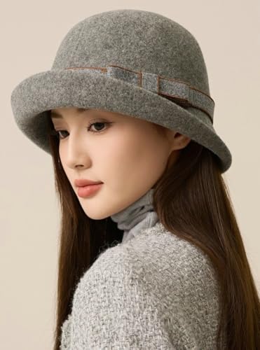 Women Vintage Felt Cloche Hats Winter Fall Solid Fedora Bucket Caps Elegant Bowler Hat Bowknot - color: Grey