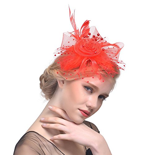 AQOKKA Women Fascinators Hats Flower Fascinators with Headband and Clip Tea Party Headwear for Women and Girls - color: 1 Pc 7" Diameter / Red