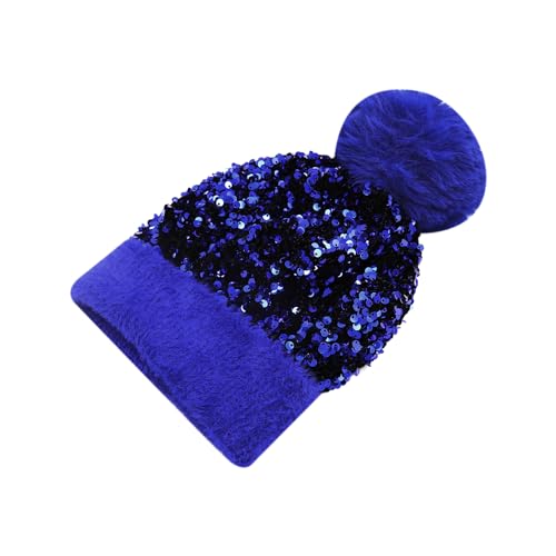 Women Girls Winter Sequin Beanie Hat with Faux Fur Pom Pom Knit Skull Cap - color: Blue