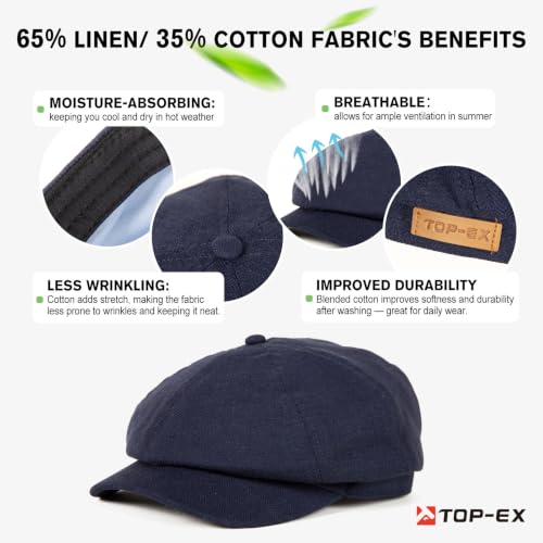 XL XXL Oversized 8 Panel Natural Linen Flat Cap Newsboy Hat Lightweight Summer Cooling Golf Outdoor Eco-Friendly - color: Navy Herringbone(elastic), size: X-Large-XX-Large