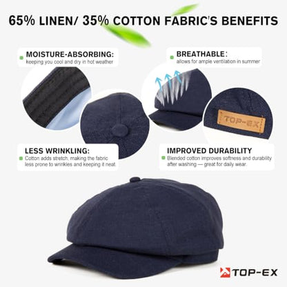 XL XXL Oversized 8 Panel Natural Linen Flat Cap Newsboy Hat Lightweight Summer Cooling Golf Outdoor Eco-Friendly - color: Navy Herringbone(elastic), size: X-Large-XX-Large